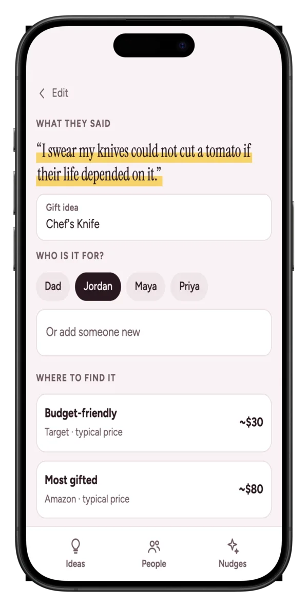 Kizuki's review screen: Jordan's text about dull knives, read as a gift idea of a chef's knife with three places to buy it
